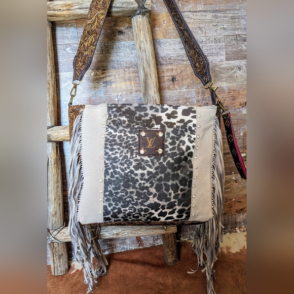 L. V. Inspired Fringed Handbag With Guitar Strap & Fringe - Picture 3 of 16